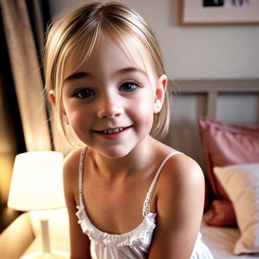 swedish blonde little girl  at night dress, very beautiful, on the bedroom, close up