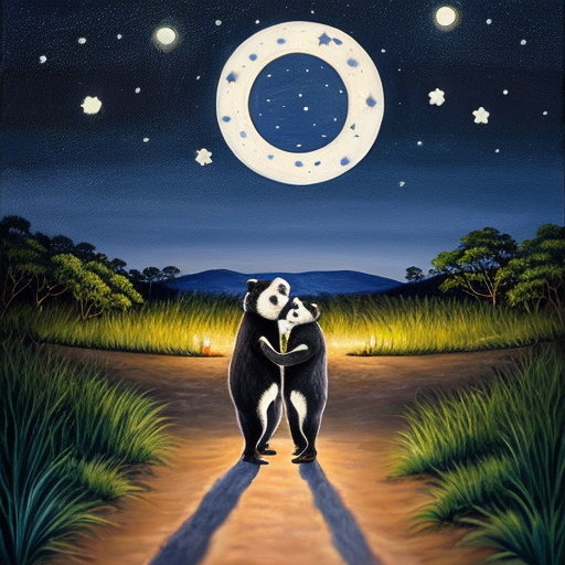 
A painting of a cute panda and koala sit , standing on a glowing path filled with fireflies. In the background, a calm sea under a bright full moon and a starry sky. Two bluethroat birds are flying gracefully above them."