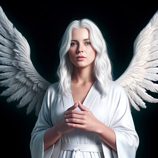 beautiful white-haired angel in white robes with white feathery wings
