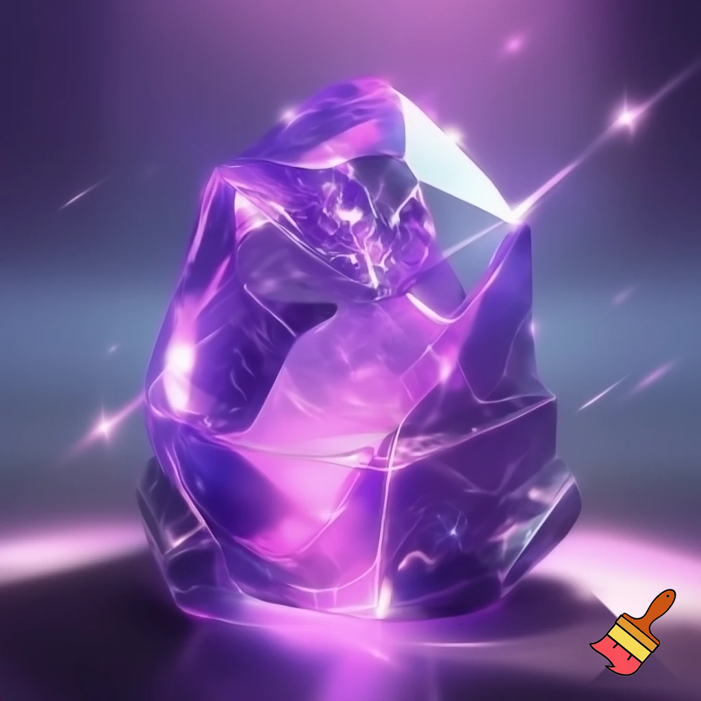 A crystal being carved from transparent purple gemstone, with soft glowing light shining from within. Her body is faceted like a jewel, smooth and reflective, and her voice creates faint light echoes around her. She appears elegant, bright, curious and magical, with prismatic sparkles catching the light around her. A character made entirely of vibrant, polished crystal.