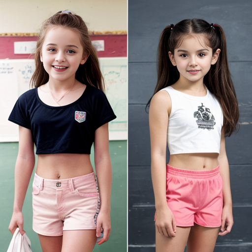 little girls in short shorts and crop top , in school 