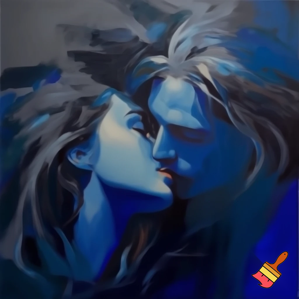 oil painting romantic couple man and woman with a long hair love blue and grey modern abstract
