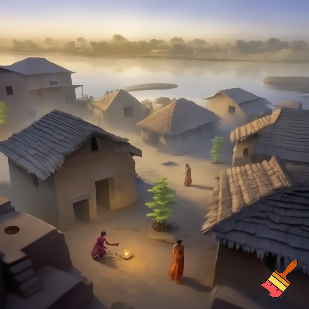 Early morning Indian village near Ganga river, small mud houses, tulsi plant in courtyard, women sweeping and lighting diya, soft sunrise light, peaceful spiritual aura, realism, cinematic tone.