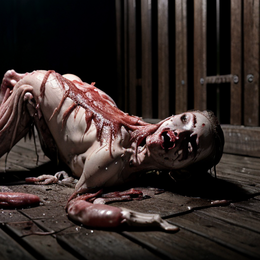 "Ultra-realistic cinematic still from Lucio Fulci's 1980 horror film City of the Living Dead, a horribly decayed and mutilated human corpse lying on a filthy wooden floor in a dark, abandoned building, extreme putrefaction and advanced decomposition, the body is bloated and ruptured with exposed glistening wet viscera, intestines, muscle tissue and sinews spilling out, dark clotted blood and viscous fluids everywhere, slimy translucent maggots and worms crawling over the rotting flesh, skin peeled back in wet strips, one leg partially severed and twisted at an unnatural angle with exposed bone, the corpse is covered in thick shiny slime and dark grime, dramatic low-key horror lighting with harsh shadows, wet reflective surfaces, gritty dirty textures, muddy wooden planks and debris scattered around, extremely detailed gore, photorealistic, hyper-detailed, 35mm film grain, cinematic color grading with desaturated tones and sickly greenish-pink hues, shot on Kodak Vision3, horror movie practical effects style --ar 16:9 --stylize 250 --v 6"
