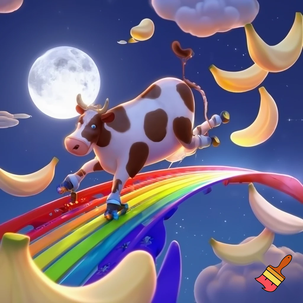 A cow on roller skater crossing a rainbow bridge that connects the Moon with banana shaped clouds