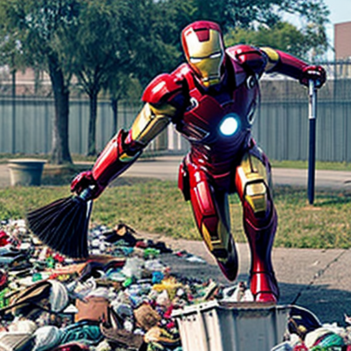 iron man bajando volando a un parque lleno  de basura con una escoba y un basureron en modo animado