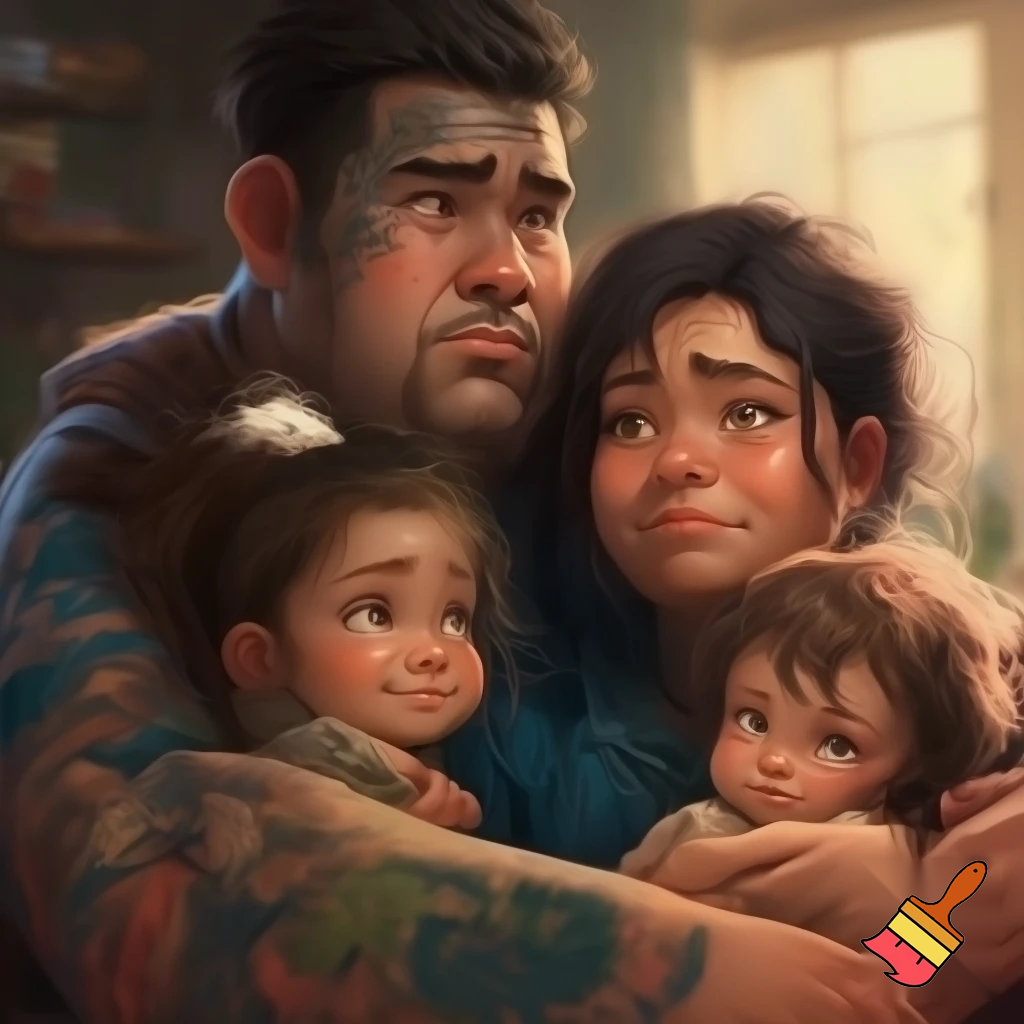Draw a family 4 a dad with tattoos 7 year old sister 13 year old brother and the mum has tired under eyes 
