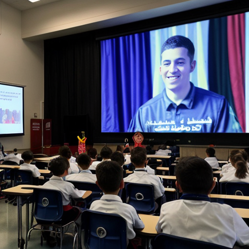Students watched a recording of the speech delivered at a school assembly in Abu Dhabi.
•	The speaker begins in a calm voice and pauses briefly before the word “future.”
•	When he says “the potential of our youth,” he raises his voice for emphasis.
•	He points toward the students sitting in front of him and smiles.
•	A large screen behind him shows images of rockets launching and students studying in classrooms.
•	The audience begins clapping before the speech ends, and the speaker nods in response.
