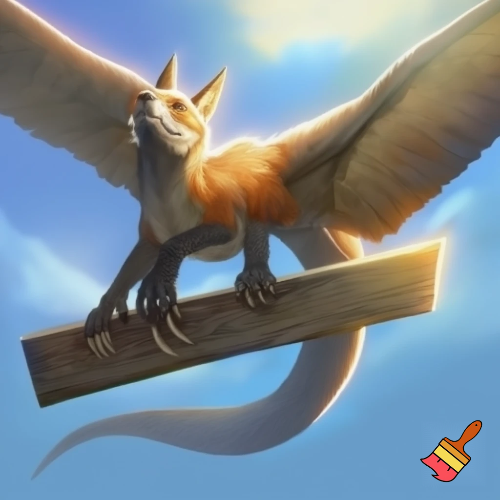 Half fox half komodo Dragon flying clinching a board