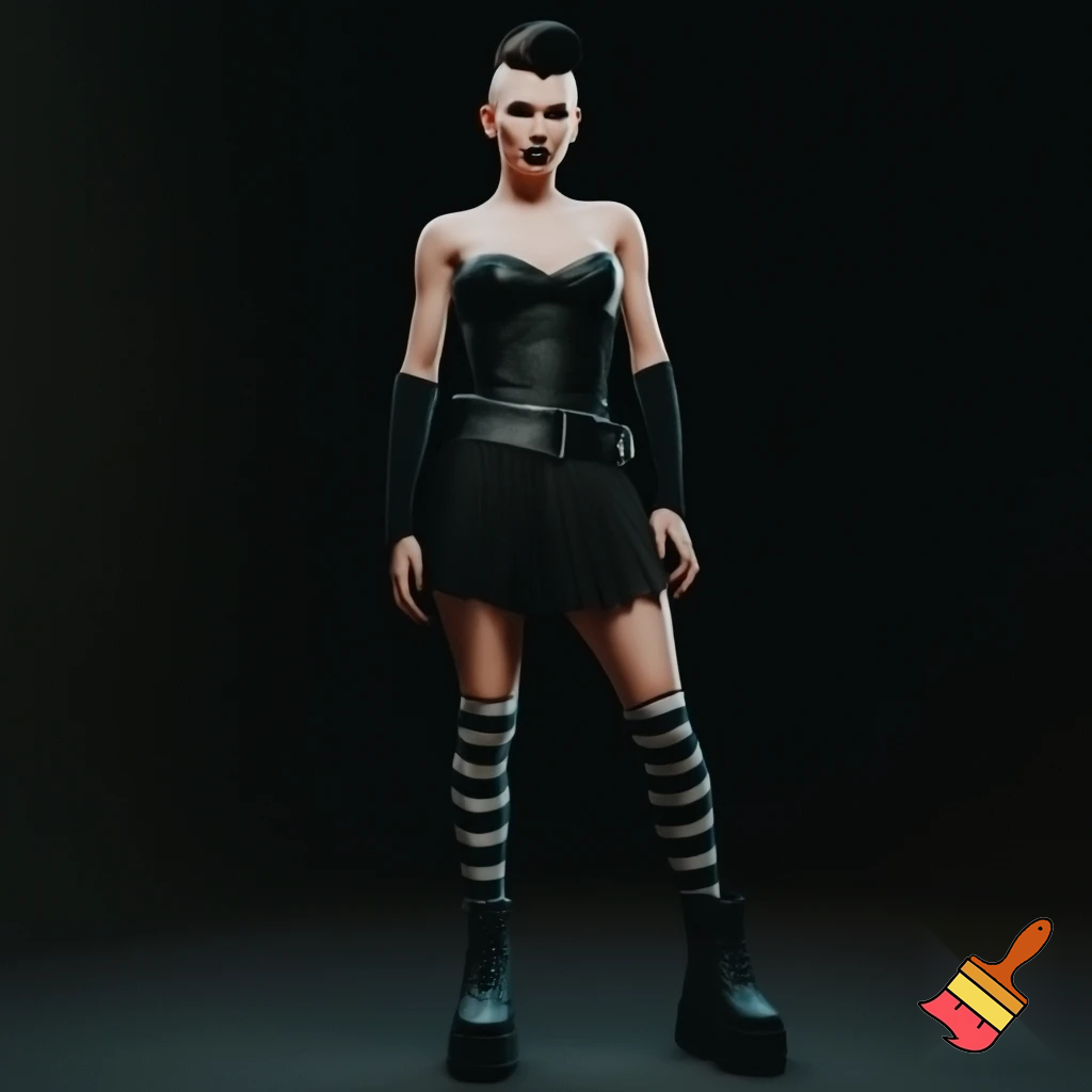 Woman with an undercut and bold makeup wearing a collar, buckle arm warmers, a corset, a body belt, a pleated skirt, vertical striped stockings and platform boots 