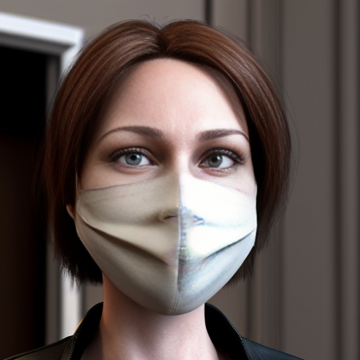 Photo of a pphotorealistic woman, lookalike of Edna from the Incredibles, very attractive facial features, very young looking for her age, 45 yo. The woman is wearing a broken Jason mask (covering only 3/4 of the face, with the top left quarter being uncovered, her deep brown eye visible. Is wearing a very modern elegant b&w outfit, holding chainsaw in hand.