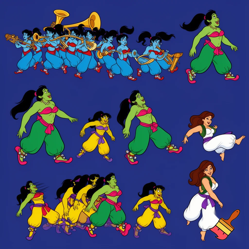 90's disney's 2d aladdin style comic dark blue background and panels of panel 1 a marching band of black haired ponytail women  with blue skin,blue harem pants red bra and red sash and red curved slippers and each playing an instrument while marching out of the remains of the belly bugle. 
Panel 2 followed by a giant black haired ponytail woman with green skin,green harem pants pink bra and pink curved slippers sash with cowbells who marches in front of a black haired ponytail woman with yellow skin, yellow harem pants, purple bra and purple sash and purple curved slippers . 
Panel 3 then the giant black haired ponytail woman with green skin,green harem pants pink bra and pink curved slippers sash with cowbells  who repeatedly steping and squishing on a black haired ponytail woman with yellow skin, yellow harem pants, purple bra and purple sash and purple curved slippers 
Panel 4 The black haired ponytail woman with yellow skin,yellow harem pants purple bra and purple sash and purple curved slippers eventually has enough and sneaks behind the giant black haired ponytail woman with green skin,green harem pants pink bra and pink sash and pink curved slippers 
panel 5 The curvy figure woman with brown hair barefoot with white harem pants with a purple sash and green vest and white bra then kicks the giant black haired ponytail woman with green skin,green harem pants pink bra and pink sash and pink curved slippers in the butt. 
Panel 6 then the giant black haired ponytail woman with green skin,green harem pants pink bra and pink sash and pink curved slippers split into three black haired ponytail women with big breast and hips green skin,green harem pants pink bra and pink sash and pink curved slippers. 