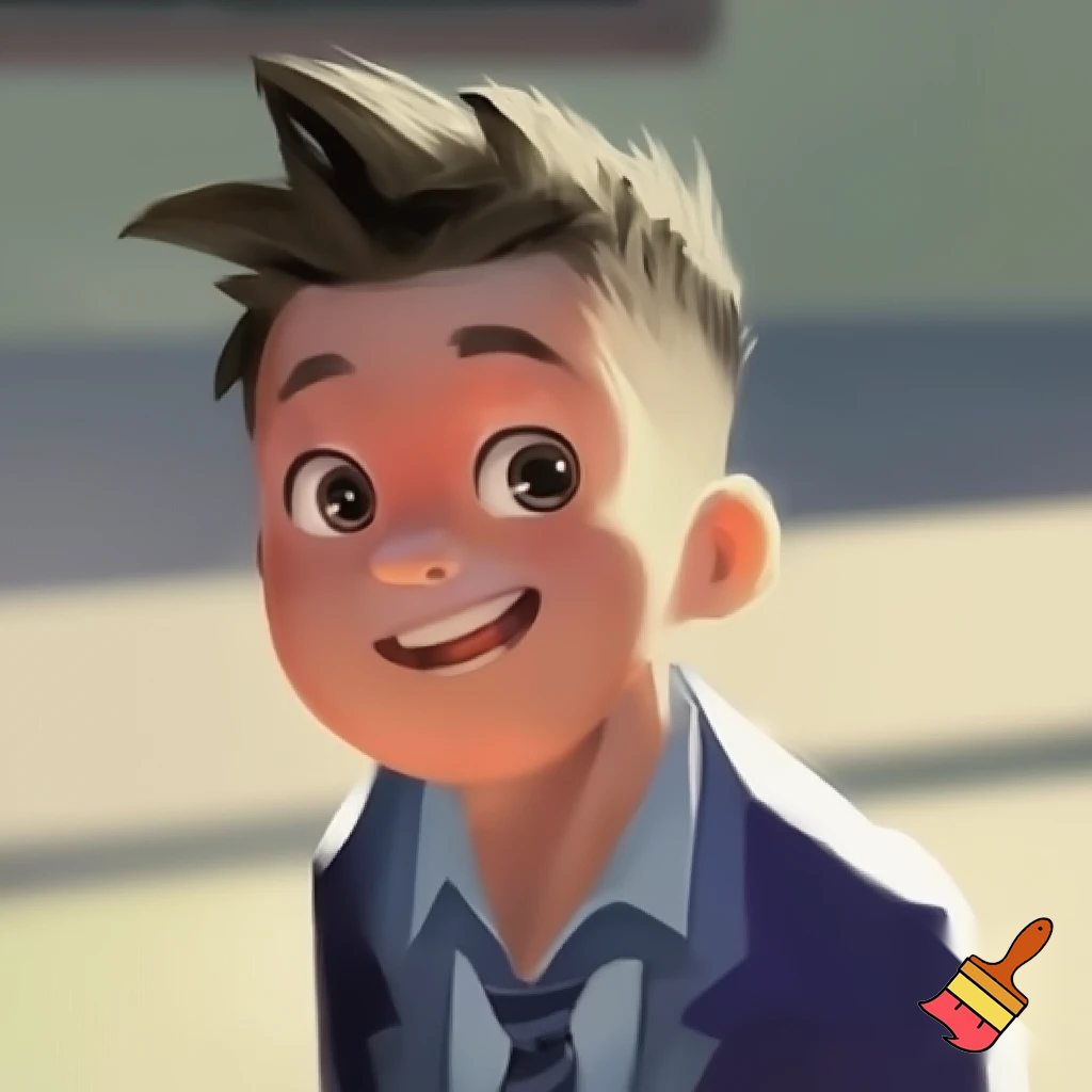 A young boy with short whipper sniper haircut spiky hair , chubby in school uniform 