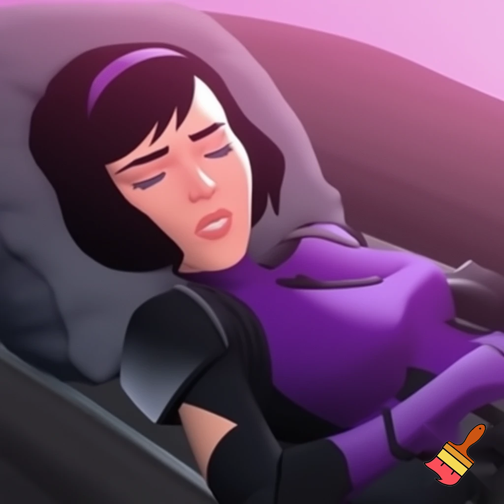 Kate Bishop black hair white skin blue eyes purple outfit sleeping in Black widow Natasha romanoff armpits 