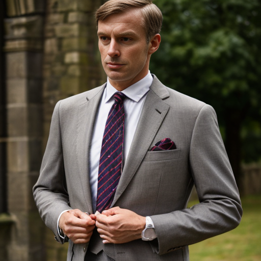 Grey suit, worn over band collar shirt, with anglican tippet