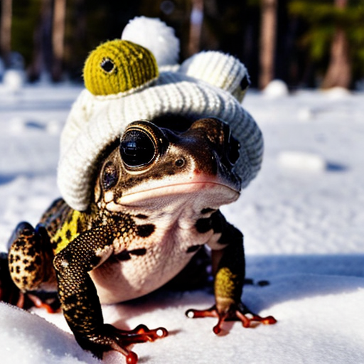 A laughable, puzzled animal toad in woolen, multicoloured winter clothings with woolen winter cap. Hyperrealistic art style.