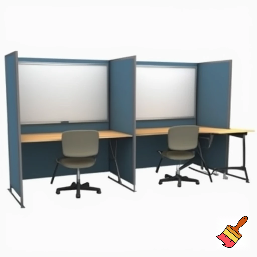 en arbejdsstation , som består af 2 vægge 1,5 m høje, som står overfor hinanden ( på den ene - er whiteboard, på den anden - en skærm), med et klapbord på den ene side af hver væg, 2 stole på begge sider af hvert klapbord