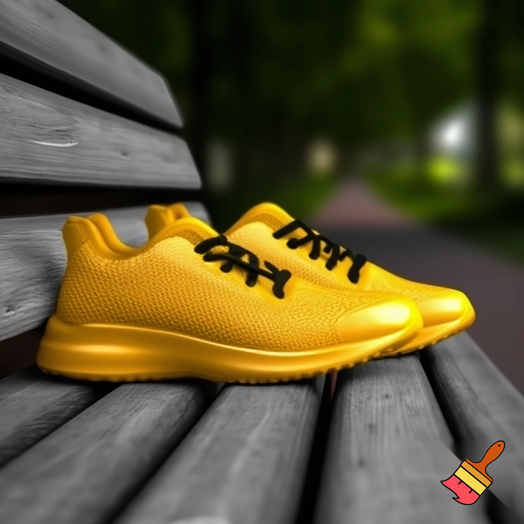yellow-gold shoes with black laces on a bench
