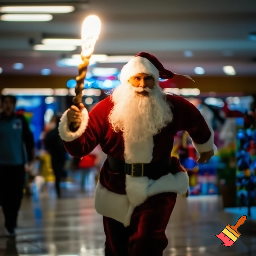 Santa Claus running with the walking stick running with his magic walking stick walking in the shopping centre with the walking stick magic staff walking stick