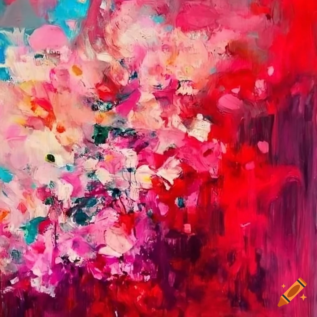 Abstract painting of a garden of pink and red flowers