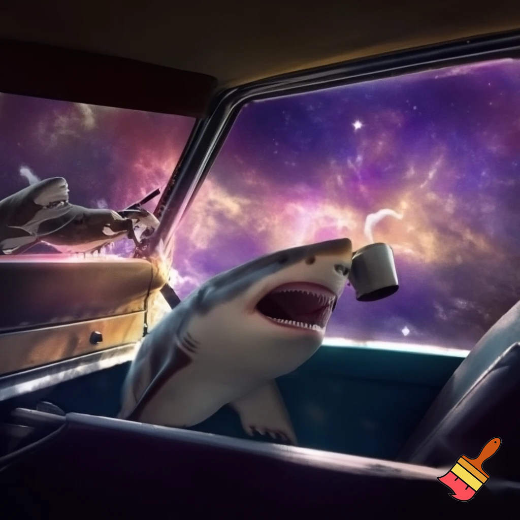 shark floating in a SUV car sipping coffee with his shark kids in the back of the car in space
