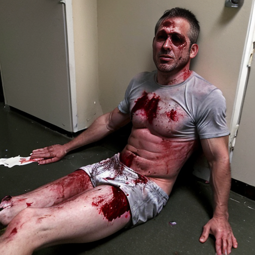 shirtless random man (neighbor, not everyone has abs or 6 pack.), face are hiding by shirt, died already, chest are open wounded circle in random man, blood everywhere, eye closed, floor on corpse body, not pant less.