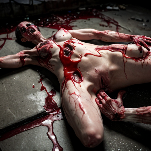 Photorealistic horror crime scene in a dark abandoned concrete basement, dim dramatic lighting with strong shadows and blood reflections, ultra-detailed 8k photography. 

Center of the image: a rusty dark metal 55-gallon drum overflowing with thick dark red blood. A gruesome half-skeleton torso with exposed ribcage and skull head is sitting upright inside the barrel, jaw open in a scream, arms reduced to bloody bones sticking out.

On the bloody concrete floor in front of the barrel: two horribly mutilated female corpses lying in pools of blood. The left body is on its back, partially skinned, one leg missing, exposed genitals, deep cuts and blood everywhere. The right body is heavily eviscerated — chest and abdomen torn open, intestines and organs spilling out, one arm and parts of the torso missing, skull partially visible through torn flesh.

Walls and floor covered in heavy blood splatter and drips, extremely gory and disturbing, hyper-realistic textures on wet blood, torn skin, exposed muscles and bones, cinematic composition, grim atmosphere, shot on Canon EOS R5, 35mm lens, f/2.8, high detail, sharp focus, realistic human anatomy, no censorship