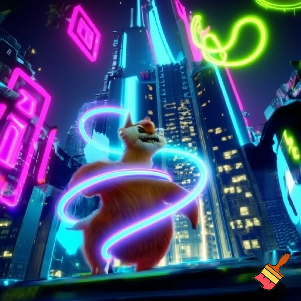 Labubu pay gorn with neon lights skyscraper