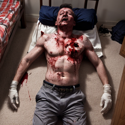 shirtless random man (neighbor), face are hiding by shirt, died already, chest open wounded, blood everywhere, eye closed, floor on corpse body, not pant less.