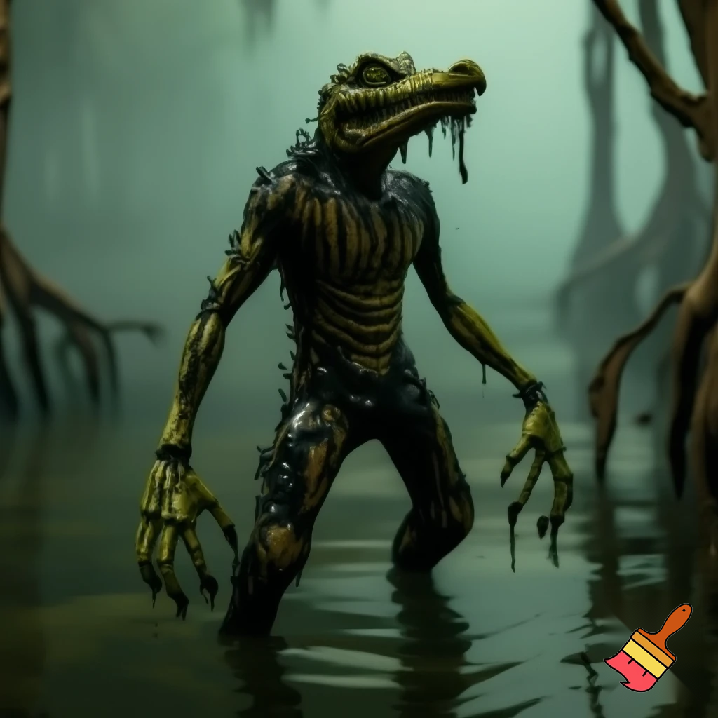 A grotesque, rotting, anthromorphic crocodile creature standing upright, its body covered entirely in black goo, melting, and dripping like sludge, exposing its bones. The skin is swampy green, black, and sickly brown, with patches of rot and ooze and entirely made out of gunk. Eyes bulging in horror, jaw hanging loosely, teeth crooked and partially dissolved and has a deformed smile. The creature’s limbs stretch out as goo drips from its claws exposing its skeletal fingers. It's appearance, also zombie-like and deformed. Surround it with an eerie, fog-filled swamp: twisted dead trees, murky water, dim green-gray light, and a haunting atmosphere. Highly detailed, creepy, and surreal. 