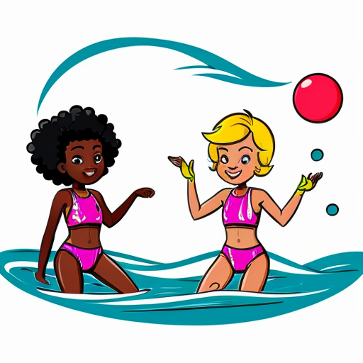 Two young small girls, one with dark skin, black curly hair and red two-piece swimsuit, and the other with light skin, blonde straight hair and blue two-piece swimsuit, they are playing in the sea, cartoon-style bold line work, vibrant colors, cel shading