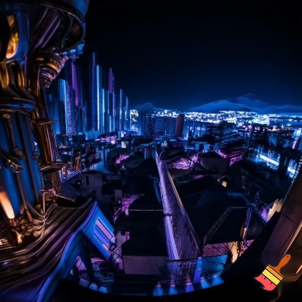 create a landscape background 



Style: anime teaser, a mix of cyberpunk, steampunk and ethno motifs (PUNKVERSE)



Palette: deep cool neon blues/purples + warm brass-copper range for steampunk elements + white-snow accents in the background.



Description: Almaty at night, view from the roof (transition from Scene 7), but now without characters. An empty landscape.



Action: Focus on the city.



Visual: A scene on the roof / generalized observation deck of the city.