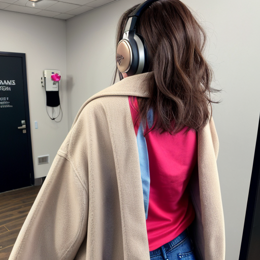 génère moi une femme de 50 ans qui a un brushing cheveux soignés , des écouteurs , elle tient un télephone ,elle porte une paire de basket colorés  , un long manteau beige , un chemisier a fleur rose clair , un jean baggy bleu , une paire de lunettes fines , a son poignet elle porte une montre  , elle porte des bijoux  en une seule image , on doit voir toute sa tenue entiere de la tete au pied , elle doit etre maquillée , et le fond derriere doit etre blanc 