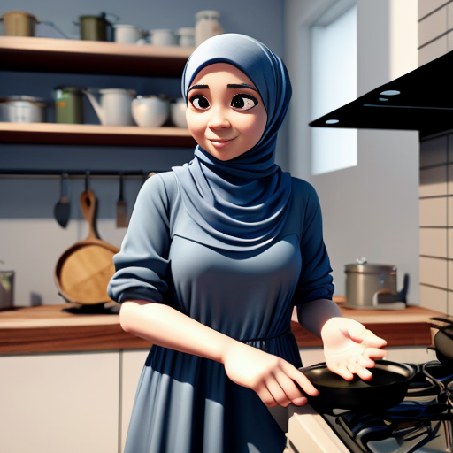 Pixar-style 3D cartoon character, standing at the stove, cooking gesture, exaggerated cartoon features, big expressive eyes, Muslim woman 35-40 years old, fully covered in wide light blue dress, loose modest clothing, headscarf covering all hair, no sexualized features, gray background, simple cartoon style