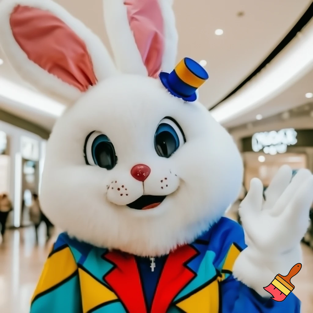 Easter bunny mascot costume top hat shopping Centre colourful jacket  colourful top hat