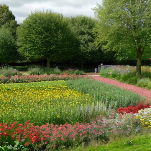 A park with a flower field the shop Morrisons a green frizzbee  and a big red leaved tree and a small flower garden 
