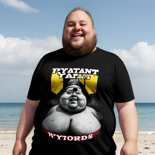 A fat man on the beach wearing virolo cat t-shirt