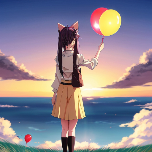 Portrait A sunset with a Jewish star in the middle glowing, a cat with tree legs and no tail sits on it. While a girl stands in the middle holding a balloon