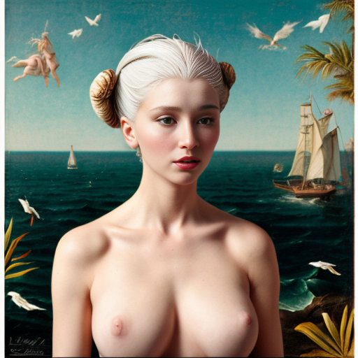 Obrázok inšpirovaný zrodenim venuse ale vysoka bielovlsou zena