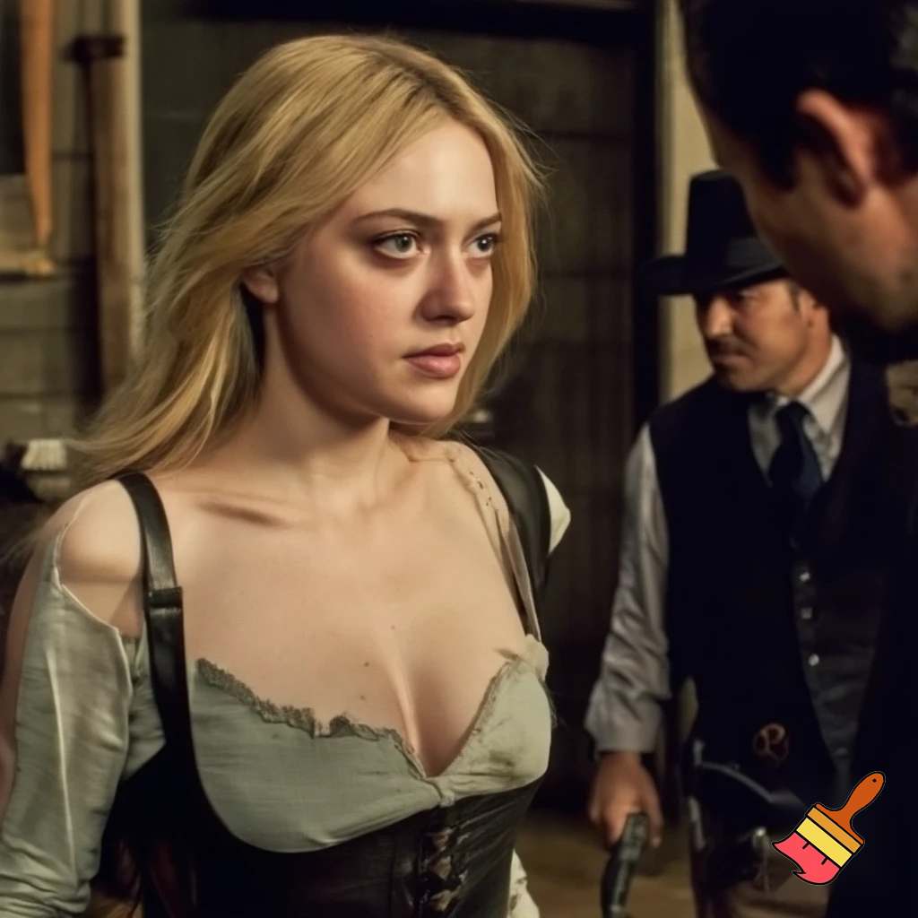Dakota Fanning, various poses, torn clothes, wild west saloon scene, close up shot, breast exposed, walking looking at man with a gun