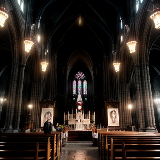A 9:16 aspect ratio pic of Photorealistic wide-angle shot of a grand gothic cathedral interior. Floating above the altar is a massive, surreal amalgamation of fleshy, intertwined human bodies and bloody tendrils. The agonizing figures form a grotesque mass of body horror, suspended by thin red veins dripping from the vaulted ceiling. In the foreground, a congregation sits in the wooden pews, watching the macabre spectacle. Cinematic lighting, hyper-detailed, 8k resolution, dark horror aesthetic