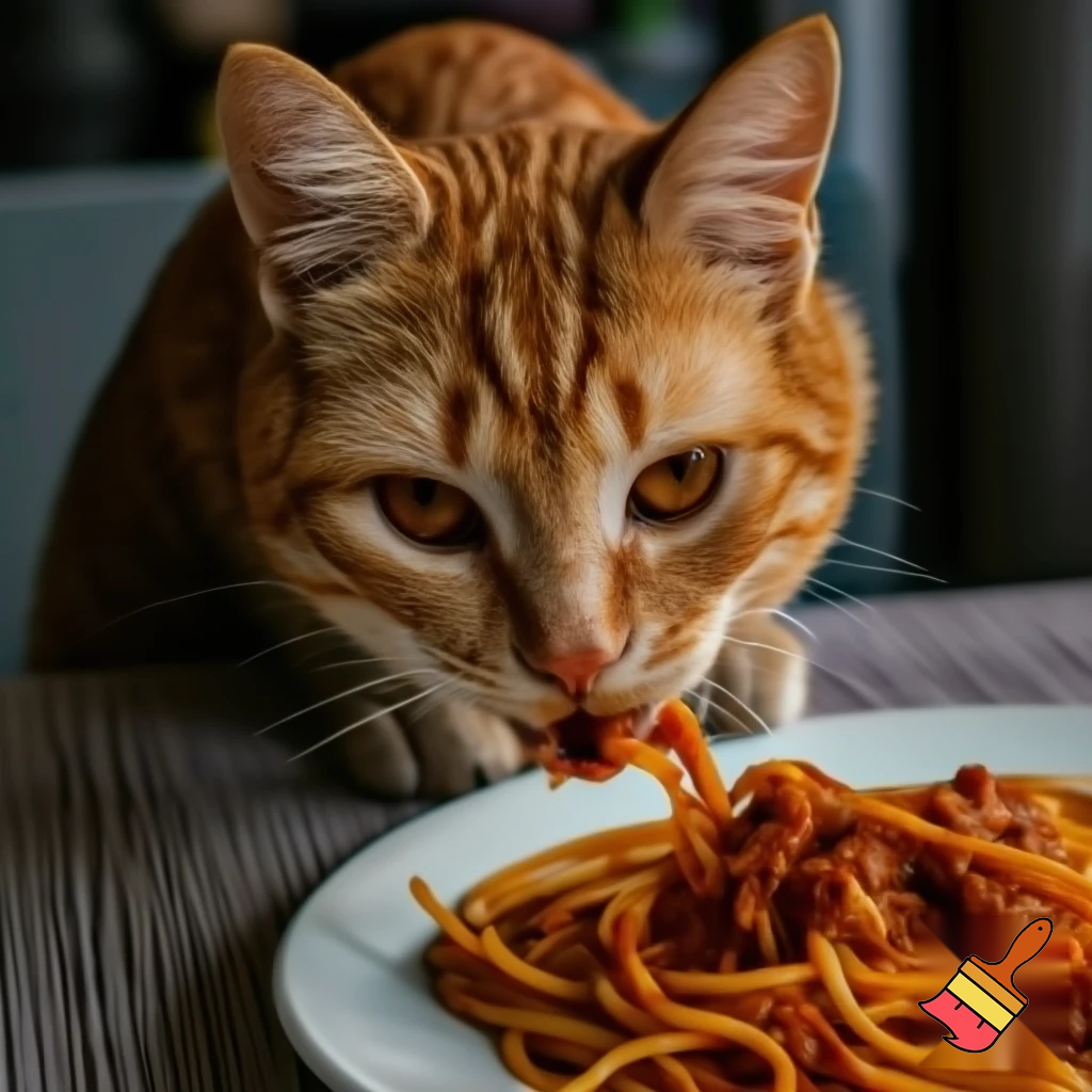 un petit chat roux femelle avec un petit sourire espiegle qui mange dans mon assiette de spaghetti bolognaise a table quand j'ai le dos tourné 