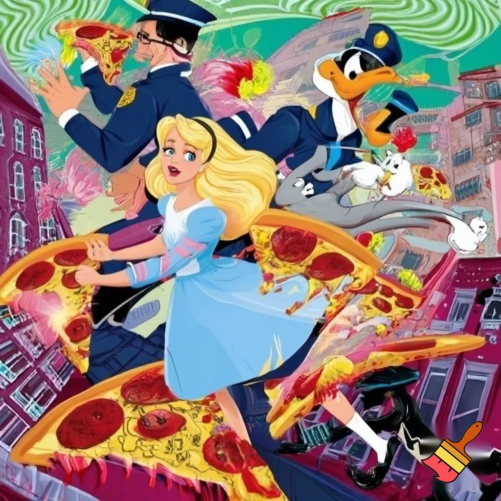 Barbie and Alice angel see bugs bunny and daffy duck running from the police while eating slimey, rotten pizza while farting