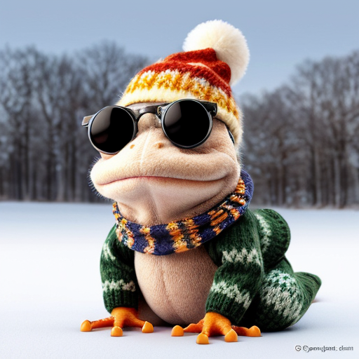 A laughable, puzzled animal toad in woolen, multicoloured winter clothings with woolen winter cap. Hyperrealistic art style.