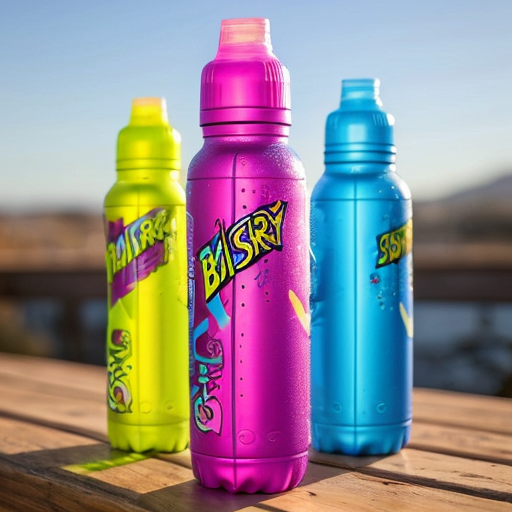 an energy drink bottle for boosterade  the plastic bottle is blue yellow and pink 
