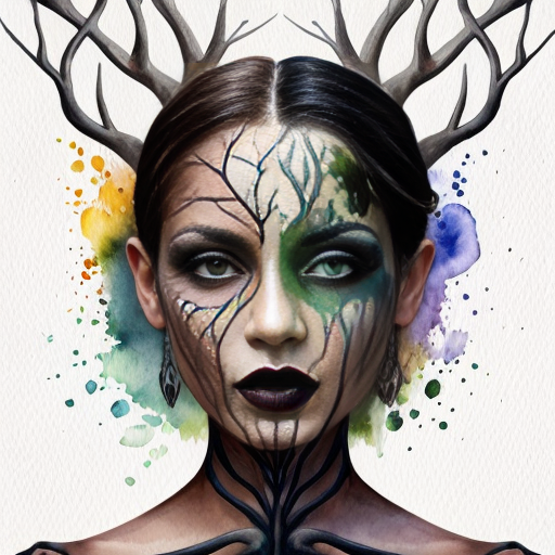 Dark Gothic Branched Woman Face with Fantastic Animals 4K High In surreal fantasy style and Branched in fusion with chlorophyll  Definition Image 