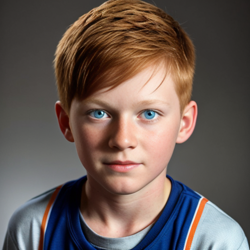 11 year old Canadian boy that's 4'8" with really short copper red (Strip of Orange) hair and turkish blue eyes
