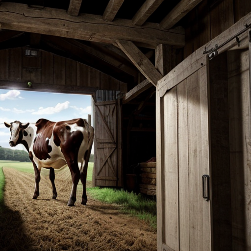 farmer with a barn and cow in the barn