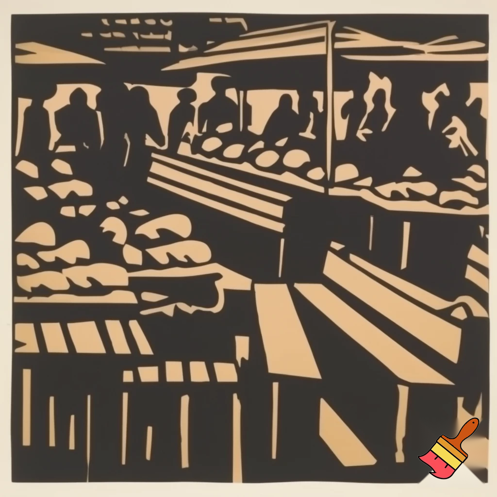 crea immagine di un mercato di alimentari con banchi e persone per stampa linoleografica, formato a4 paesaggio, dettaglio basso