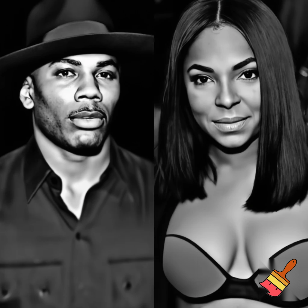 Black and white vogue photograph of Ashanti with a black sleek middle part bob hair wearing a grey and black bra and Nelly wearing a hat and a button up shirt 